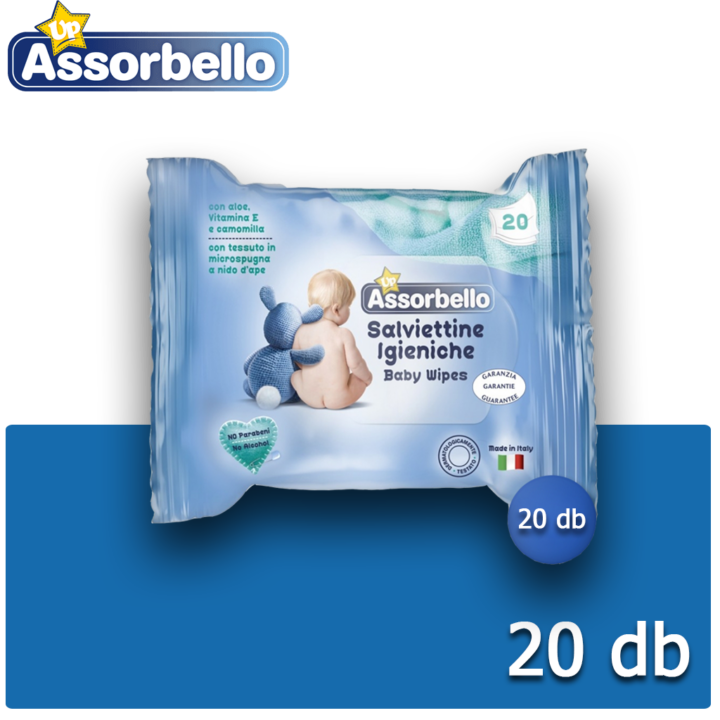 Assorbello gyermek nedves törlőkendő, címke záróval (20db-os)