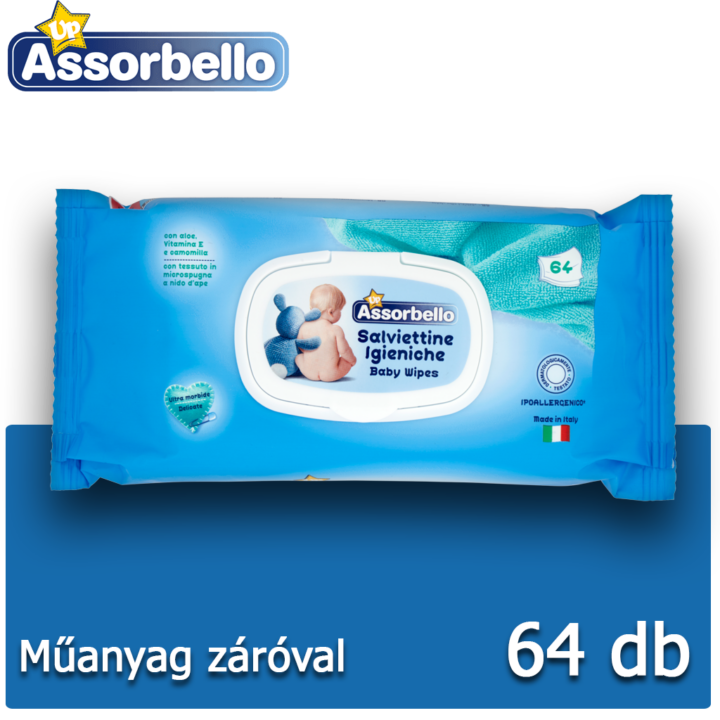 Assorbello gyermek nedves törlőkendő műa. záróval (64db-os)