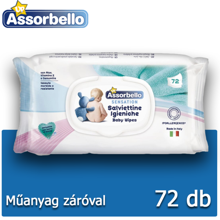 Assorbello gyermek nedves törlőkendő műa. záróval (72db-os)