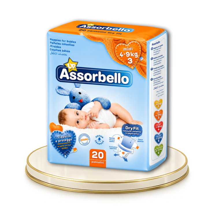 Assorbello prémium gyermek pelenka, midi, 4-9 kg, 20 db