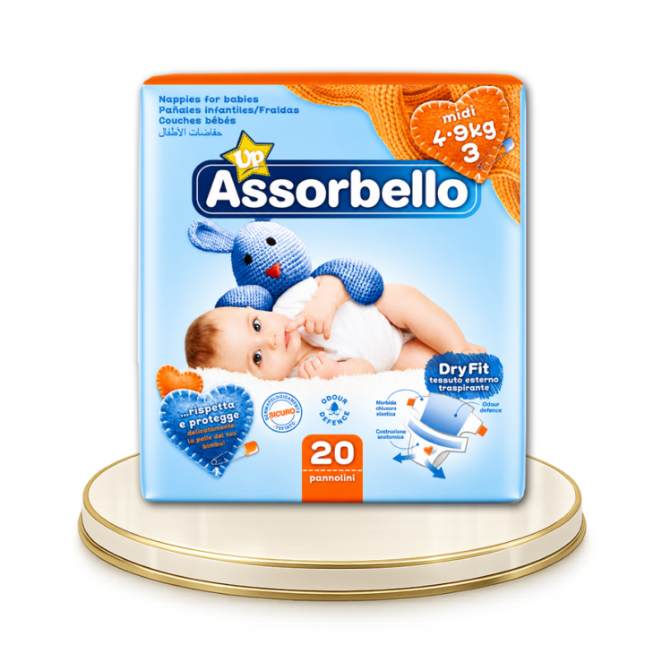 Assorbello gyermek pelenka, midi, 4-9 kg, 20 db/csomag