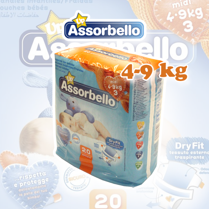 Assorbello gyermek pelenka, midi, 4-9 kg, 20 db/csomag