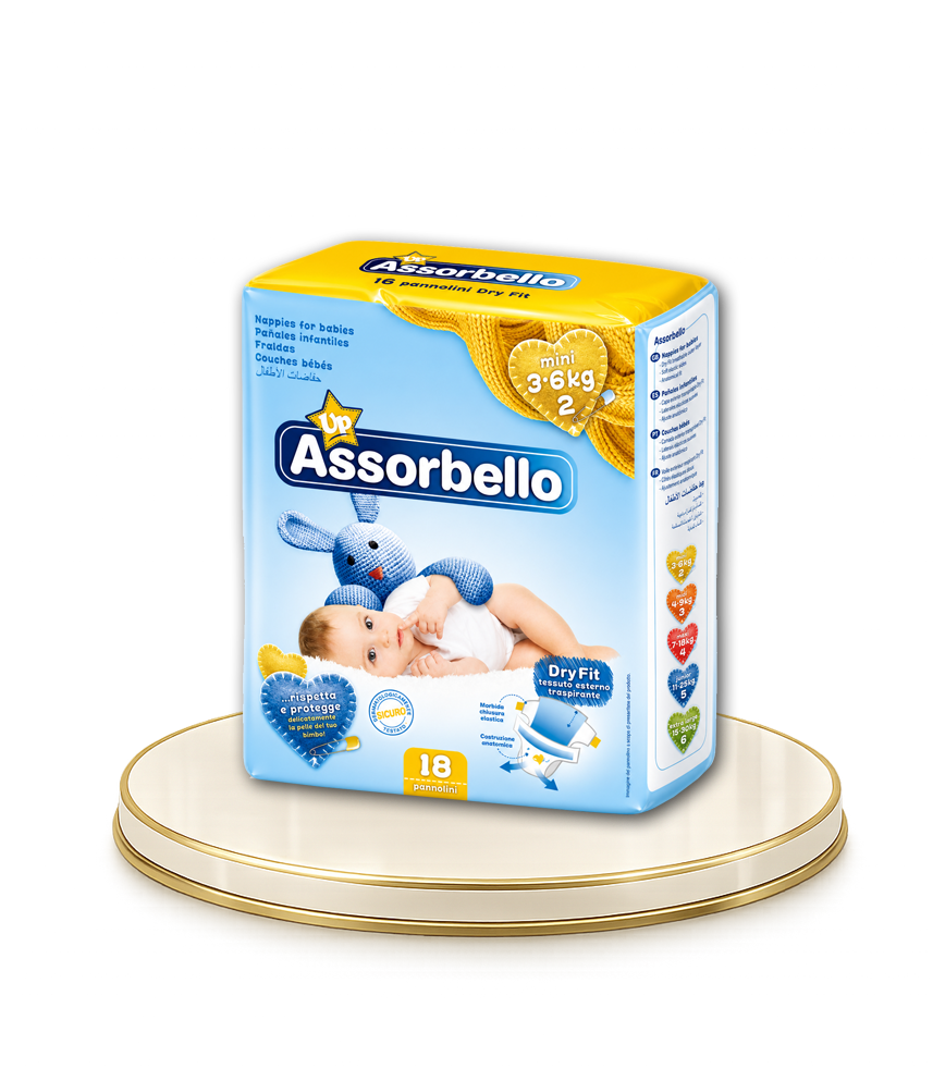 Assorbello gyermek pelenka, mini, 3-6 kg, 18 db/csomag