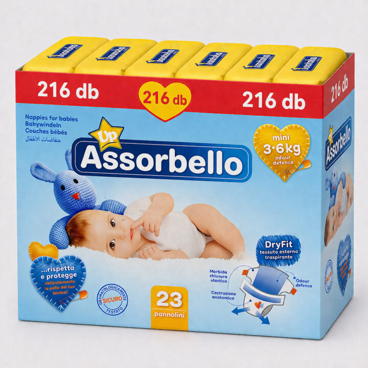 Assorbello prémium gyermek pelenka, 3-6 kg, 23 db/cs. – 216 db-os HAVI PELENKACSOMAG