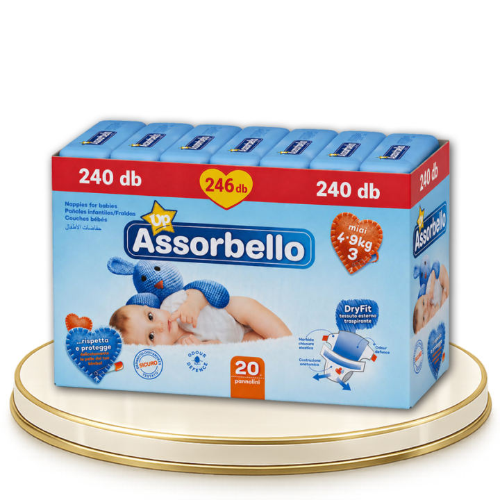 Assorbello prémium gyermek pelenka, 4-9 kg, 20 db/cs. - 240 db-os HAVI PELENKACSOMAG