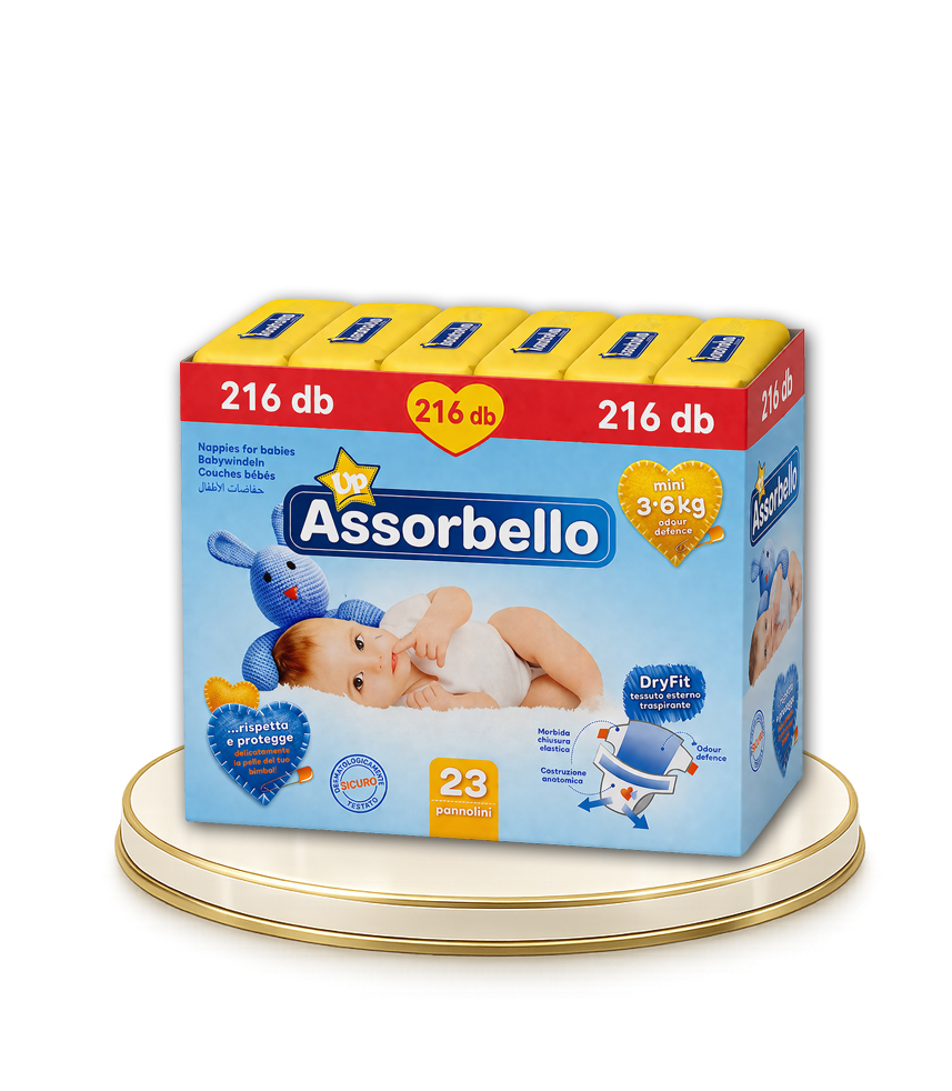 Assorbello prémium gyermek pelenka, 3-6 kg, 23 db/cs. – 216 db-os HAVI PELENKACSOMAG